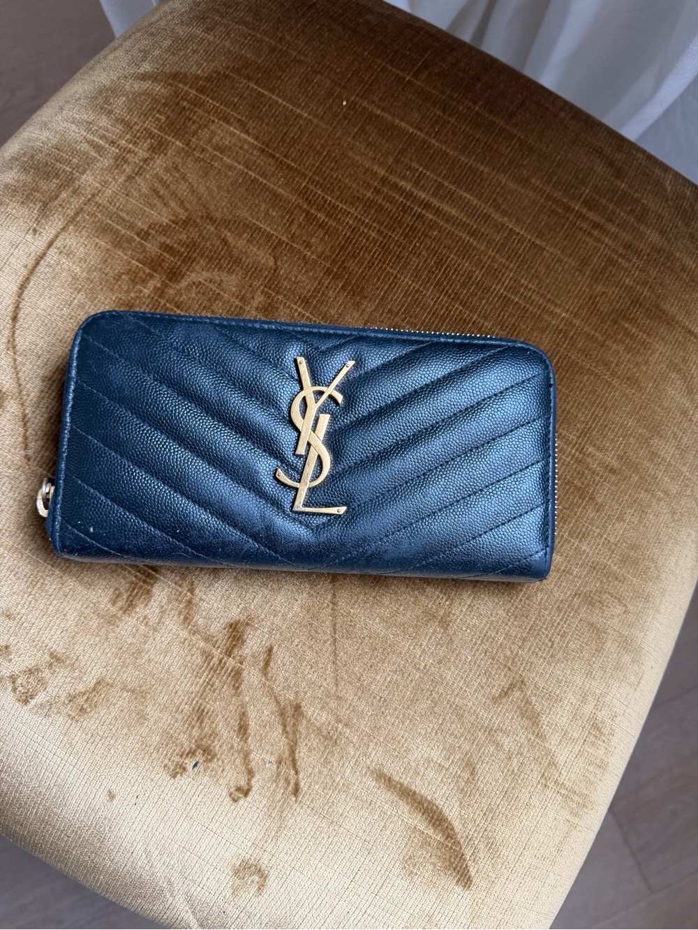 Saint Laurent Black Quilted Zip Wallet with Gold YSL Emblem